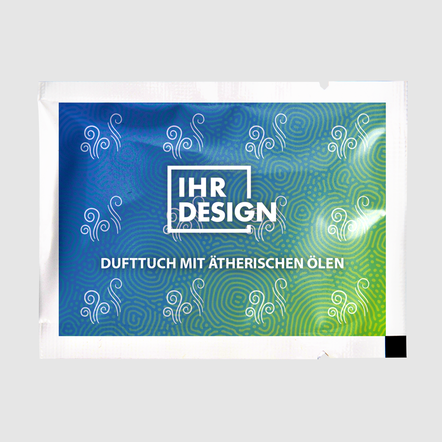 Dufttuch mit ätherischen Ölen in 4/0-farbig bedrucktem Sachet im Format 8 x 6 cm, geschlossene Ansicht