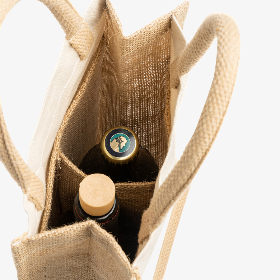 Unbedruckte Flaschentasche aus Jute mit Doppelfach, personalisierbar