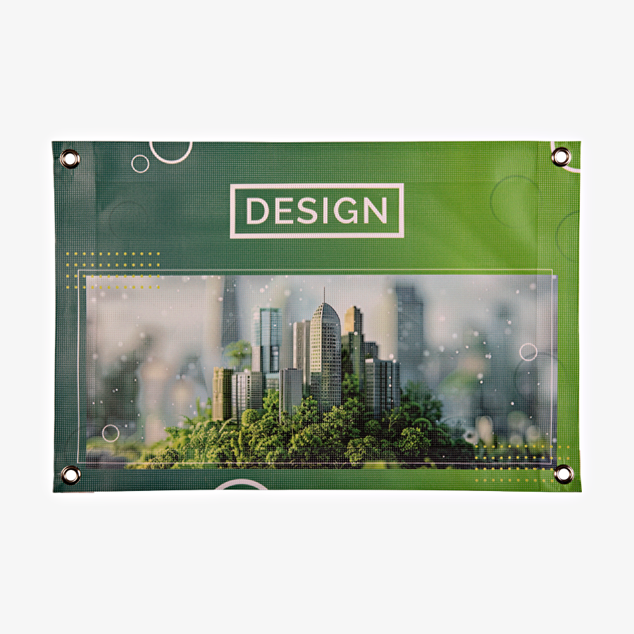 Rundum umsäumtes und mit Ösen versehenes Mesh-Banner mit Aufdruck
