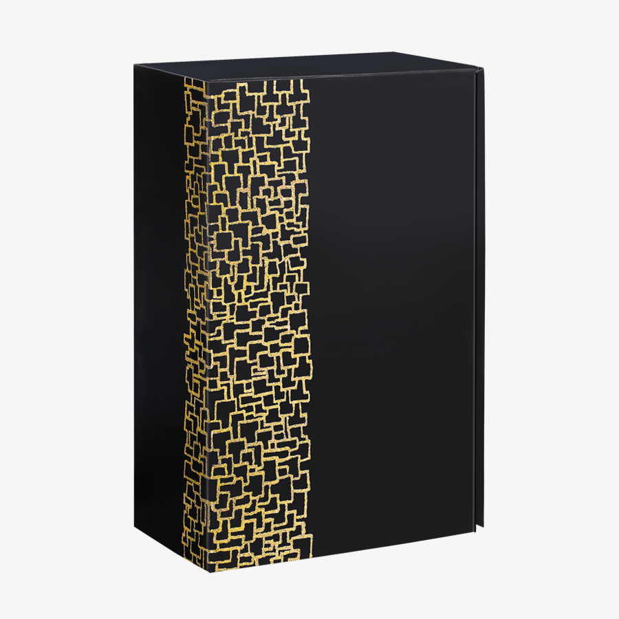 Großer Präsentkarton (32 x 19,5 x 10 cm) für zwei Champagnerflaschen in der Farbe schwarz mit goldenen Details