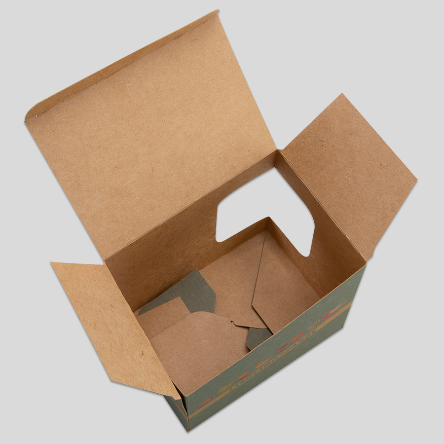 Geöffnete Tassenverpackung aus Kraftpapier, 4/0-farbig bedruckt